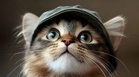 Curious cat wearing green cap looking up with bright blue eyes and expressive face. Close-up portrait of playful feline with white and brown fur against dark background.