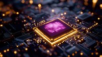 Glowing purple microprocessor on circuit board with golden light effects and bokeh. Modern computer chip technology with illuminated core processor.
