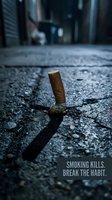 Cigarette butt on cracked asphalt street with anti-smoking message for health awareness campaigns and addiction prevention materials.