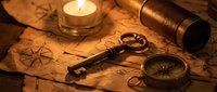 Vintage treasure map with antique brass compass, ornate skeleton key, spyglass and flickering candle creating mysterious adventure atmosphere for exploration themes.