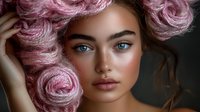 Young mixed race woman with bright blue eyes and pink rose-shaped hair styling against dark background, artistic beauty portrait showcasing creative hairstyling and makeup artistry.