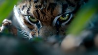 Close-up view of intense tiger eyes peering through green foliage, showing fierce predator gaze and detailed fur texture in dramatic wildlife photography.