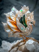 Ornate fantasy bird brooch with pearls, emerald feathers and golden details perched on crystal. Luxurious jewelry piece featuring iridescent elements and precious stones.