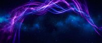 Abstract purple and blue energy waves flowing through cosmic space with glowing light trails and particle effects for digital backgrounds and futuristic designs.