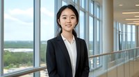 Young Asian businesswoman in black suit standing in modern office building with panoramic windows and city view. Professional corporate portrait for business and finance concepts.