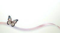 Isolated butterfly with delicate wings resting on flowing pink and purple ribbons against a soft neutral background, suitable for greeting cards and design projects.
