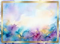 Watercolor abstract background with soft blending of blue, purple, pink, and gold tones, featuring fluid washes and organic shapes. Isolated on white with gold frame border, ready for design projects.