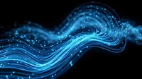 Abstract blue digital wave with glowing particles and light trails on black background for technology and data visualization projects.