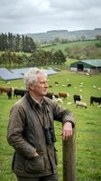 Senior farmer with gray hair leaning on fence post overlooking cattle grazing in green pasture with solar panels and barn in rural countryside landscape.
