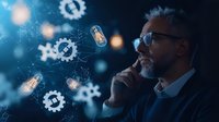 Mature businessman with gray beard and glasses contemplating digital transformation with glowing gears and light bulbs representing innovation and technological solutions.