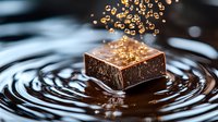 Dark chocolate square creating concentric ripples in liquid chocolate while golden sparkles and bubbles float upward in magical food photography composition.