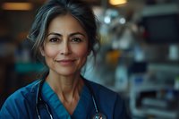Confident mature female medical professional in blue scrubs and stethoscope smiling warmly at camera in hospital setting with natural lighting and blurred background.