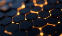 Dark hexagonal grid pattern with glowing golden edges and connections, creating a futuristic technological network structure against black background.