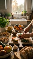 Hands preparing fresh ingredients on wooden cutting board in bright kitchen with herbs, vegetables, nuts and olive oil for healthy home cooking.