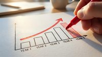 Hand drawing red upward trending arrow on business growth chart with yearly progression bars showing increasing success and financial development over time.