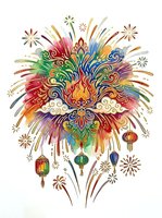 Vibrant ornamental fireworks explosion with ornate mandala center, radiating colorful rays, decorative lanterns, and sparkles on isolated white background for design projects.