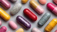 Colorful pharmaceutical capsules and pills arranged in rows on gray background, showcasing variety of medications in vibrant glittery finishes.