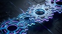 Futuristic metallic gears with glowing neon lights on dark circuit board background. Technology automation and mechanical engineering concept.