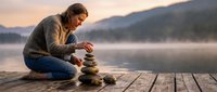 Young woman stacking stones on wooden dock at peaceful mountain lake during golden hour sunrise creating zen balance meditation moment in serene natural landscape.