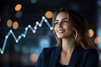 Young businesswoman in navy blazer smiling confidently with glowing financial chart graph in background. Bokeh city lights create modern corporate atmosphere.