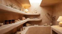 Warm minimalist spa interior with clay walls, organic shelves, candles, dried flowers, and soft lighting for wellness and beauty concepts.