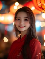 Young Asian woman in red traditional dress smiling warmly against blurred festive bokeh lights background during evening celebration.