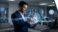 Professional businessman using tablet with digital legal technology interface displaying justice scales and law symbols in modern office environment.