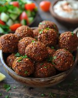 Homemade falafel balls coated with sesame seeds and fresh herbs served in rustic ceramic bowl with garden salad and tahini sauce in background.