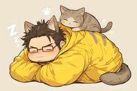 Cozy illustration of Asian man in yellow winter jacket sleeping with two cats, one resting on his head. Cute anime style drawing for relaxation concepts.
