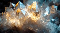 Glowing crystal clusters with warm golden light emerging from within translucent minerals against dark background, macro photography showing natural geometric formations.