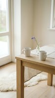 Minimalist wooden table with white ceramic mugs and small purple flower in glass vase near bright window in cozy scandinavian style interior room.
