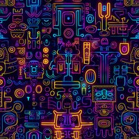 Vibrant neon tribal masks and totems create seamless pattern with glowing geometric shapes on dark background. Abstract ethnic symbols form continuous design.