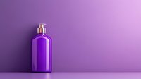 Purple cosmetic bottle with metallic pump dispenser on gradient purple background, minimalist composition for beauty and skincare product presentation.