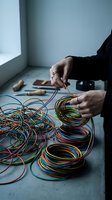 Technician in black clothing working with colorful electrical wires and cables on concrete surface near window, organizing and connecting multicolored cord bundles for installation.