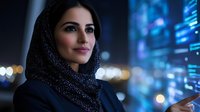 Young Middle Eastern businesswoman wearing hijab using smartphone in modern city at night with glowing blue lights and urban bokeh background for technology concepts.
