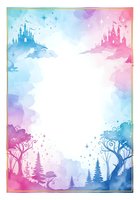 Watercolor fairy tale frame with castles, magical forest and stars in pink blue gradient colors for children stories and fantasy designs.
