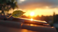 Green leaf with water drops on car hood at golden sunset, sun rays creating magical bokeh effect and warm atmospheric glow in nature background.