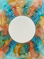 Watercolor bohemian circular frame with geometric tribal patterns, turquoise and orange tones, isolated on white background for design projects, invitations, and creative layouts.