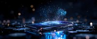 Futuristic smartphone emitting glowing blue holographic particles against dark background with bokeh lights, showcasing advanced mobile technology.