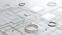 Modern minimalist jewelry display with gold rings on white geometric platform. Clean contemporary design for luxury accessories marketing and branding.