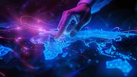 Futuristic digital world map with glowing blue network connections and human hand touching virtual interface, perfect for technology and global business concepts.