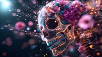 Glowing skull adorned with pink flowers and magical sparkles against dark background, featuring intricate luminous patterns and ethereal bokeh effects.