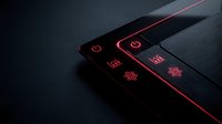 Futuristic black smartphone with glowing red neon touch interface icons displayed on screen and edge, modern technology concept for app development and digital innovation.