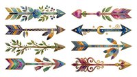 Decorative arrows with botanical elements, feathers, and ornamental details in earthy and jewel tones. Isolated clipart suitable for invitations, wall decals, and craft projects.