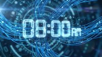 Digital clock display showing 8:00 AM surrounded by flowing blue light trails and data streams representing time management and morning routine concepts.