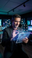 Middle-aged Caucasian male professional in dark blazer holding holographic tablet with circuit board design in modern tech office environment with neon lighting.