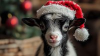 Young black and white baby goat wearing red Santa hat smiling at camera with festive Christmas bokeh background, close up portrait of adorable farm animal during holiday season.
