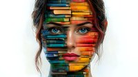 Artistic portrait featuring colorful book spines blending with feminine features, showcasing vibrant spectrum from blue to orange, symbolizing knowledge and creativity.