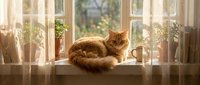 Orange tabby cat resting peacefully on sunny windowsill with warm natural light streaming through glass doors creating cozy domestic atmosphere.