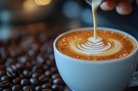 Barista pouring steamed milk into coffee cup creating leaf latte art pattern, surrounded by roasted coffee beans against dark background with bokeh lights.